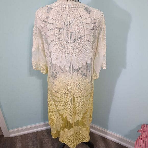 Rebellion Again Yellow White Embroidered Lace Kimono Duster/Coverup medium Boho - Picture 2 of 6